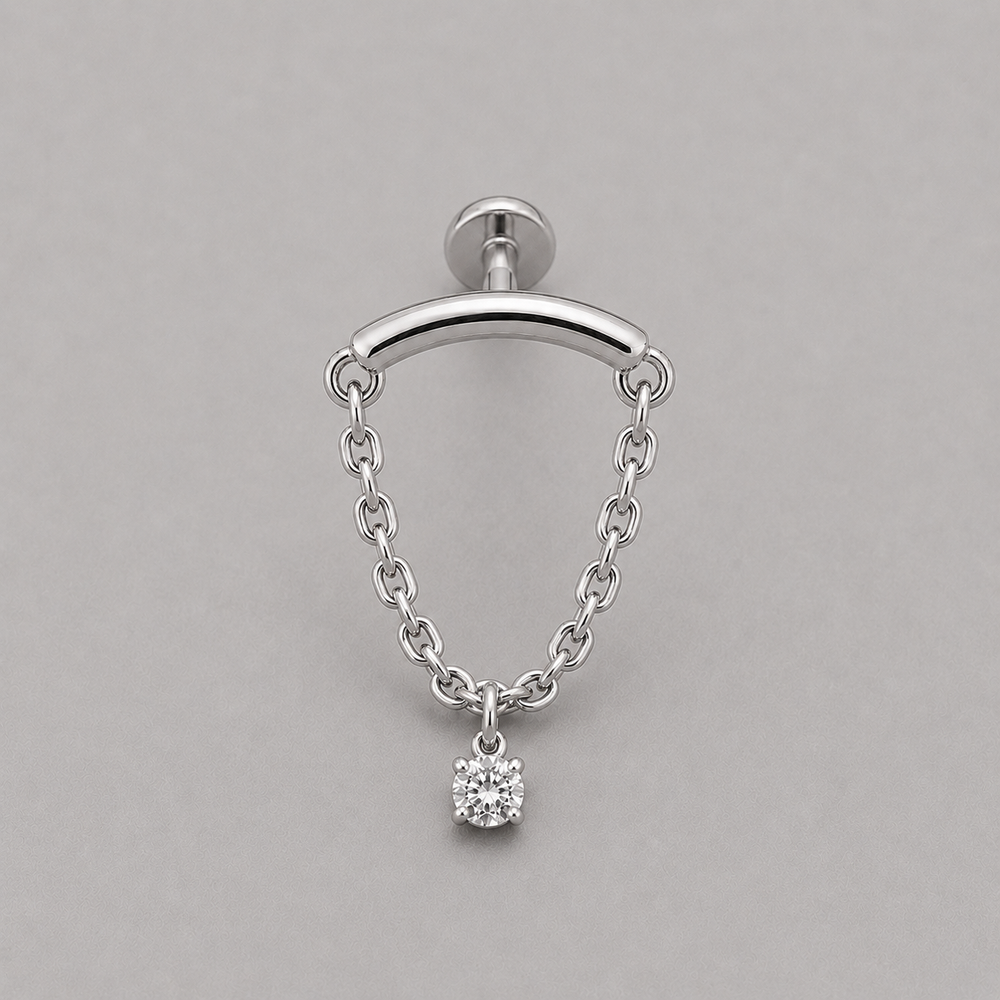 Curved Bar Chain Dangle Round CZ Labret in Silver - Titanium
