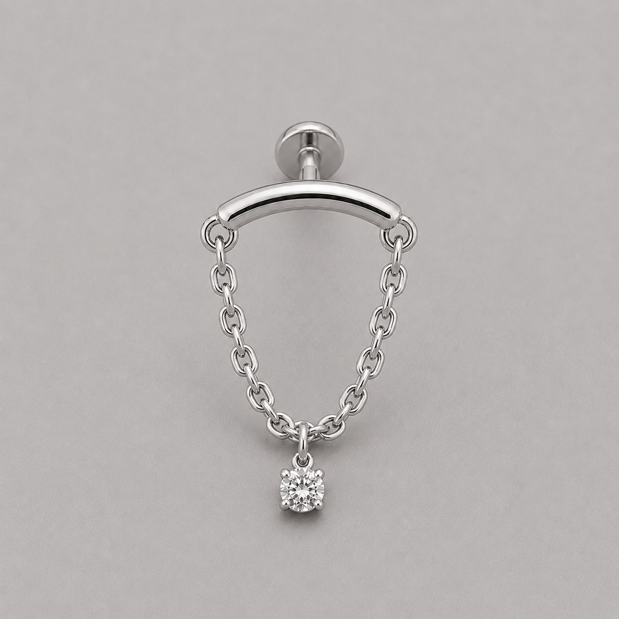 Curved Bar Chain Dangle Round CZ Labret in Silver - Titanium - Camden Body Jewellery