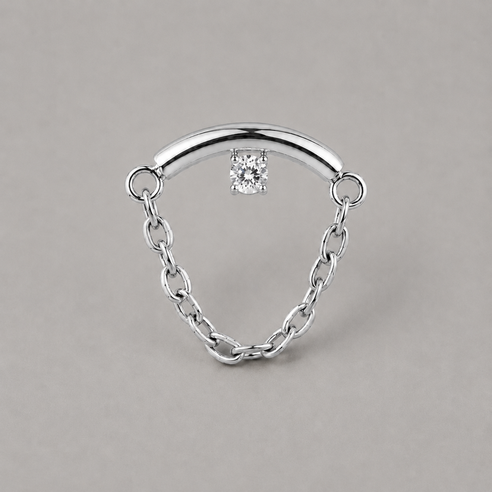 Curved Bar Round CZ Chain Dangle in Silver - Titanium