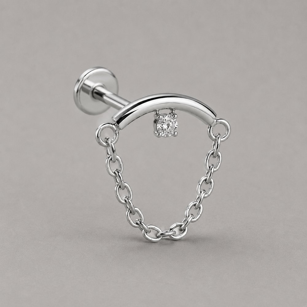 Curved Bar Round CZ Chain Dangle in Silver - Titanium