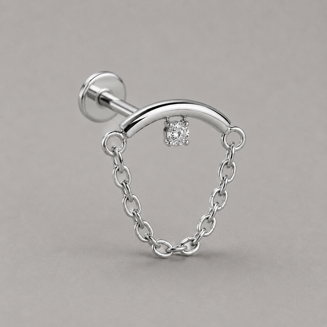 Curved Bar Round CZ Chain Dangle in Silver - Titanium - Camden Body Jewellery