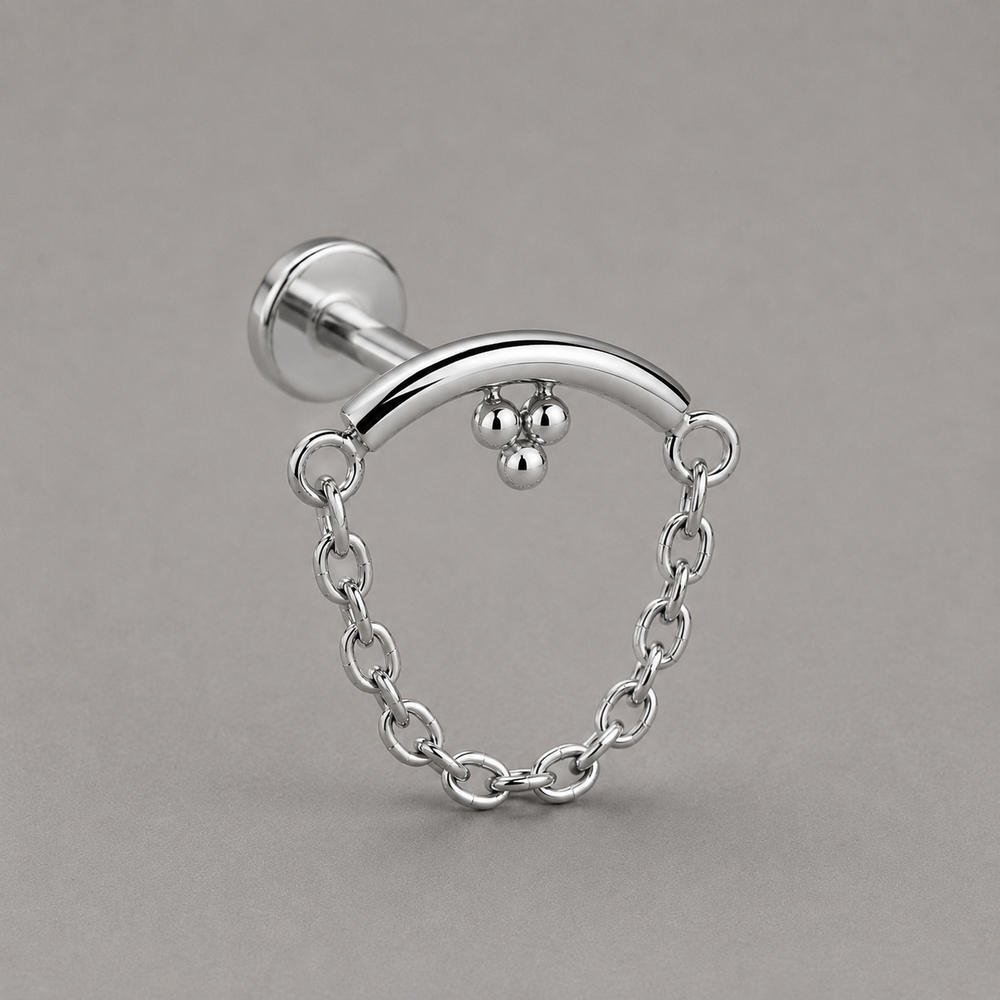 Curved Bar Triple Bead Chain Dangle in Silver - Titanium