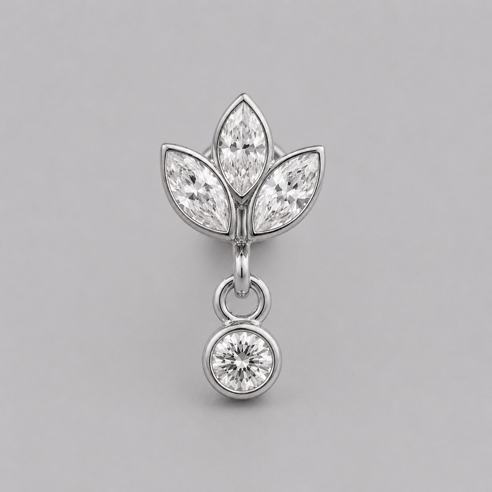 Triple Flower Petal with Circular CZ Dangle Labret in Silver - Titanium