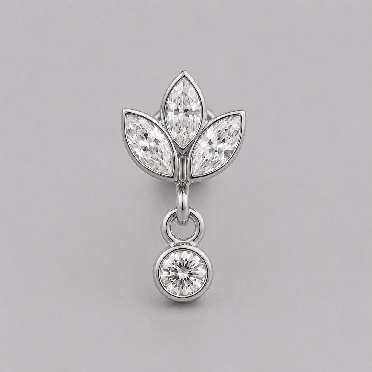 Triple Flower Petal with Circular CZ Dangle Labret in Silver - Titanium - Camden Body Jewellery