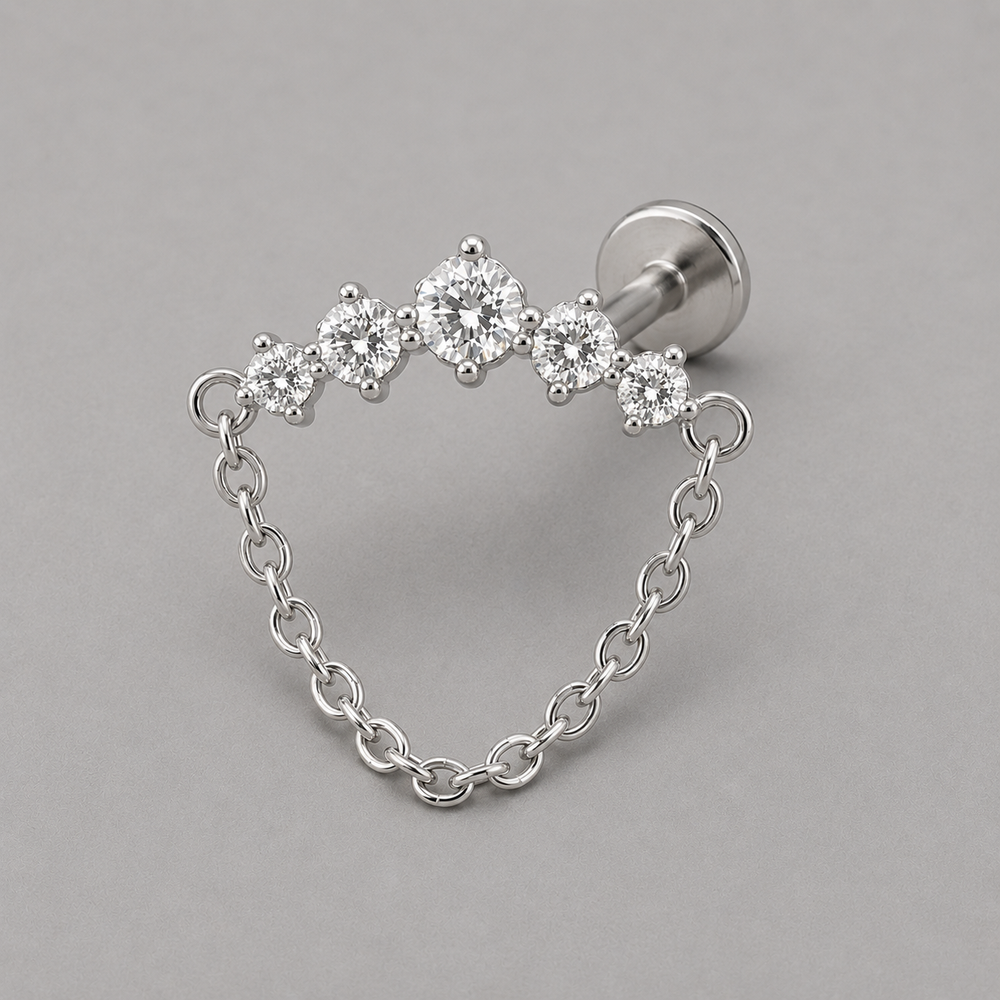 Curved Five CZ Chain Dangle Labret in Silver - Titanium