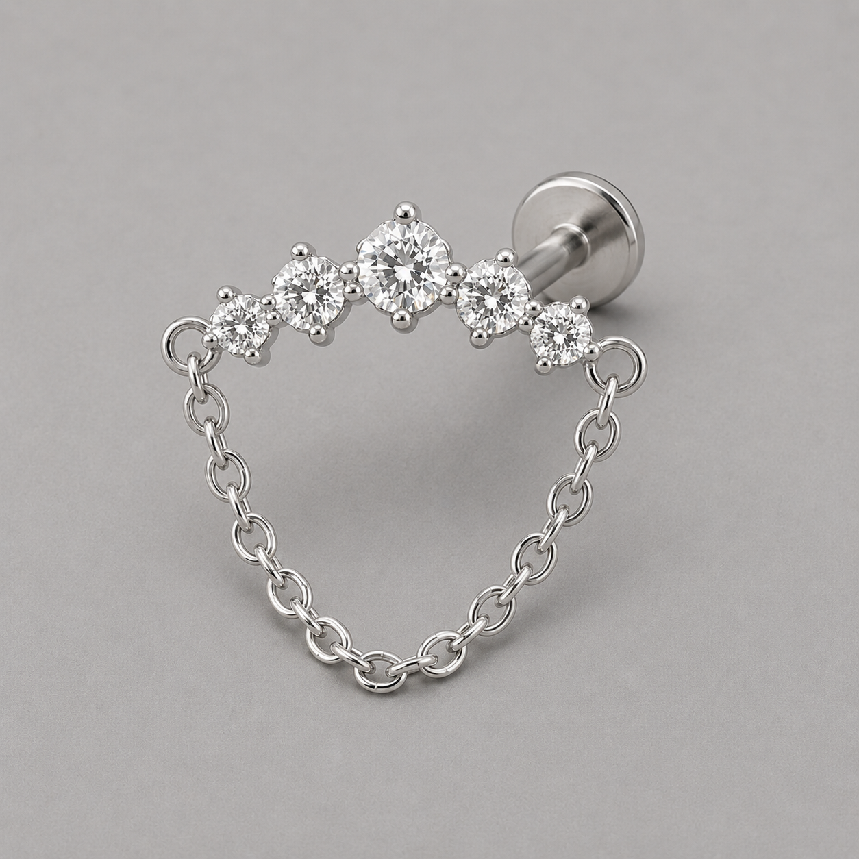 Curved Five CZ Chain Dangle Labret in Silver - Titanium
