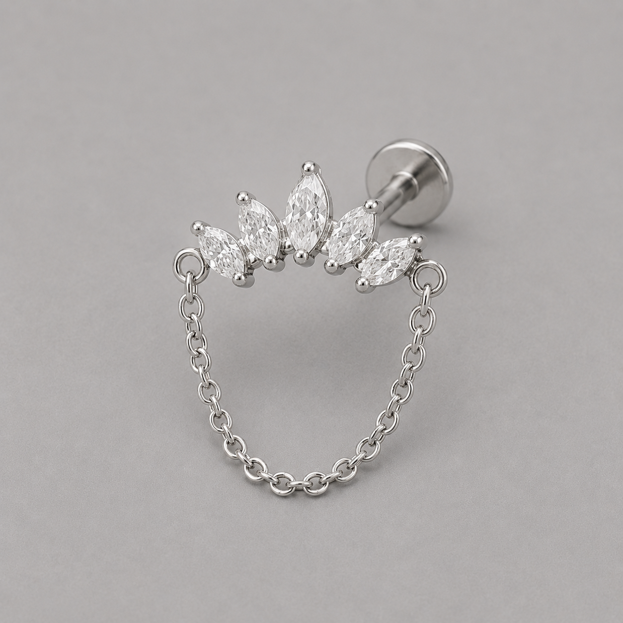 Five Marquise CZ Chain Dangle Labret in Silver - Titanium