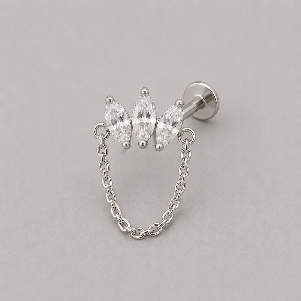 Triple Marquise CZ Chain Dangle Labret in Silver - Titanium