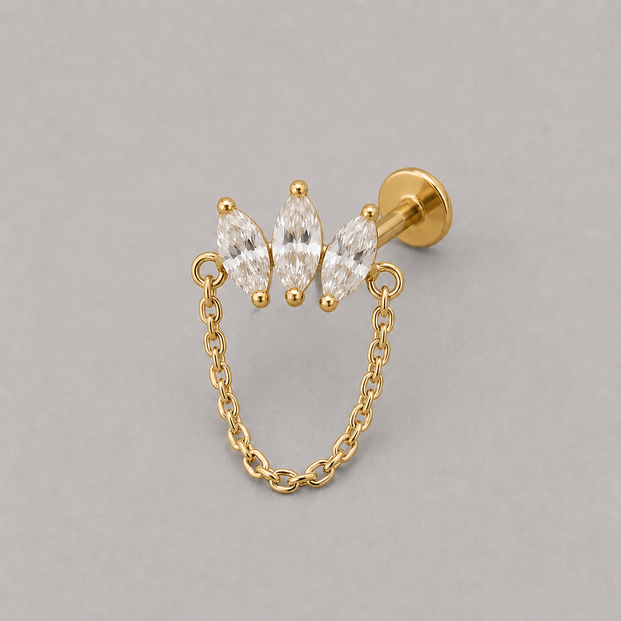 Triple Marquise CZ Chain Dangle Labret in Gold - Titanium