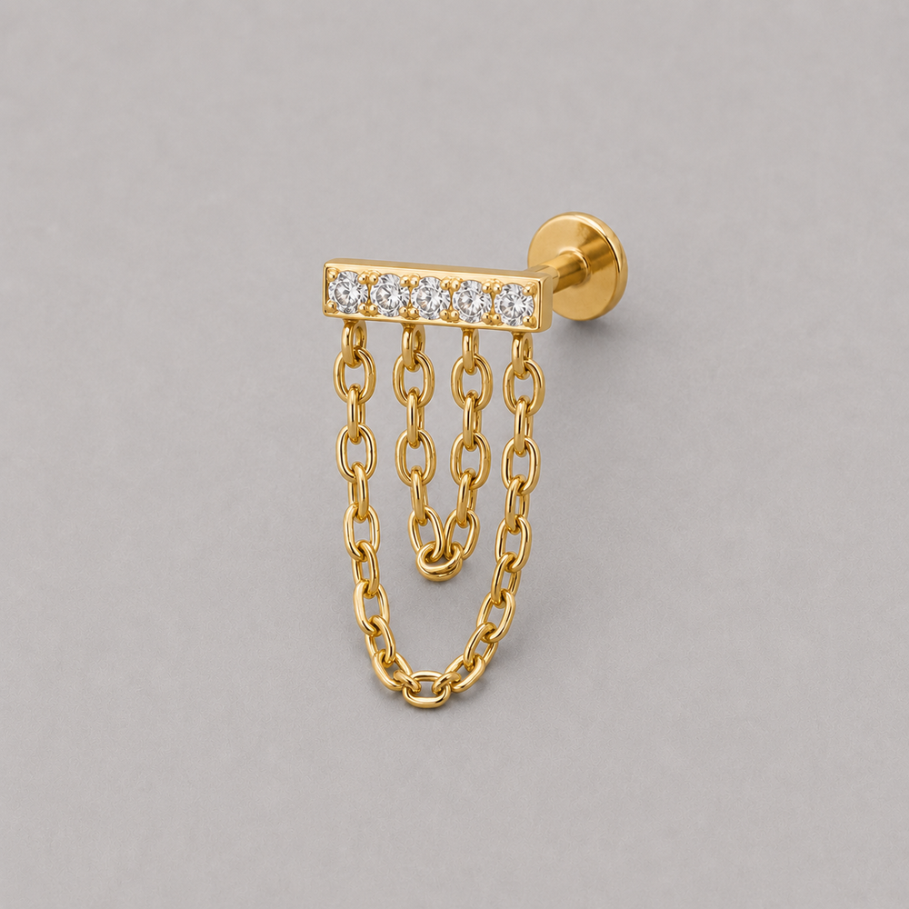 Drape CZ Stones Chain Dangle Labret in Gold - Titanium