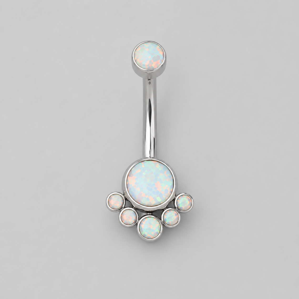 6 Stone White Opal CZ Belly Bar in Silver - Titanium - Camden Body Jewellery