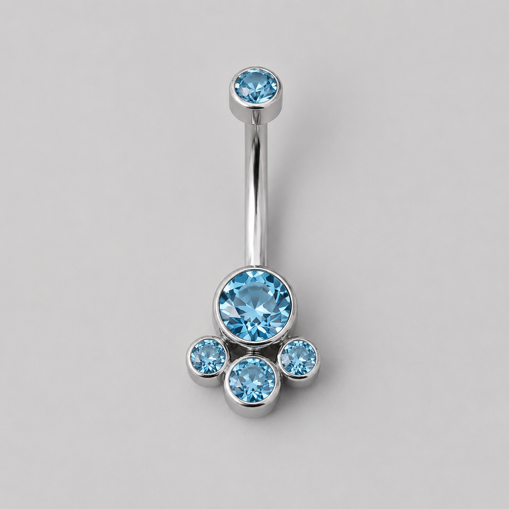 4 Stone Aqua CZ Belly Bar in Silver - Titanium