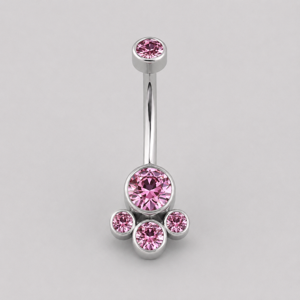 4 Stone Pink CZ Belly Bar in Silver - Titanium