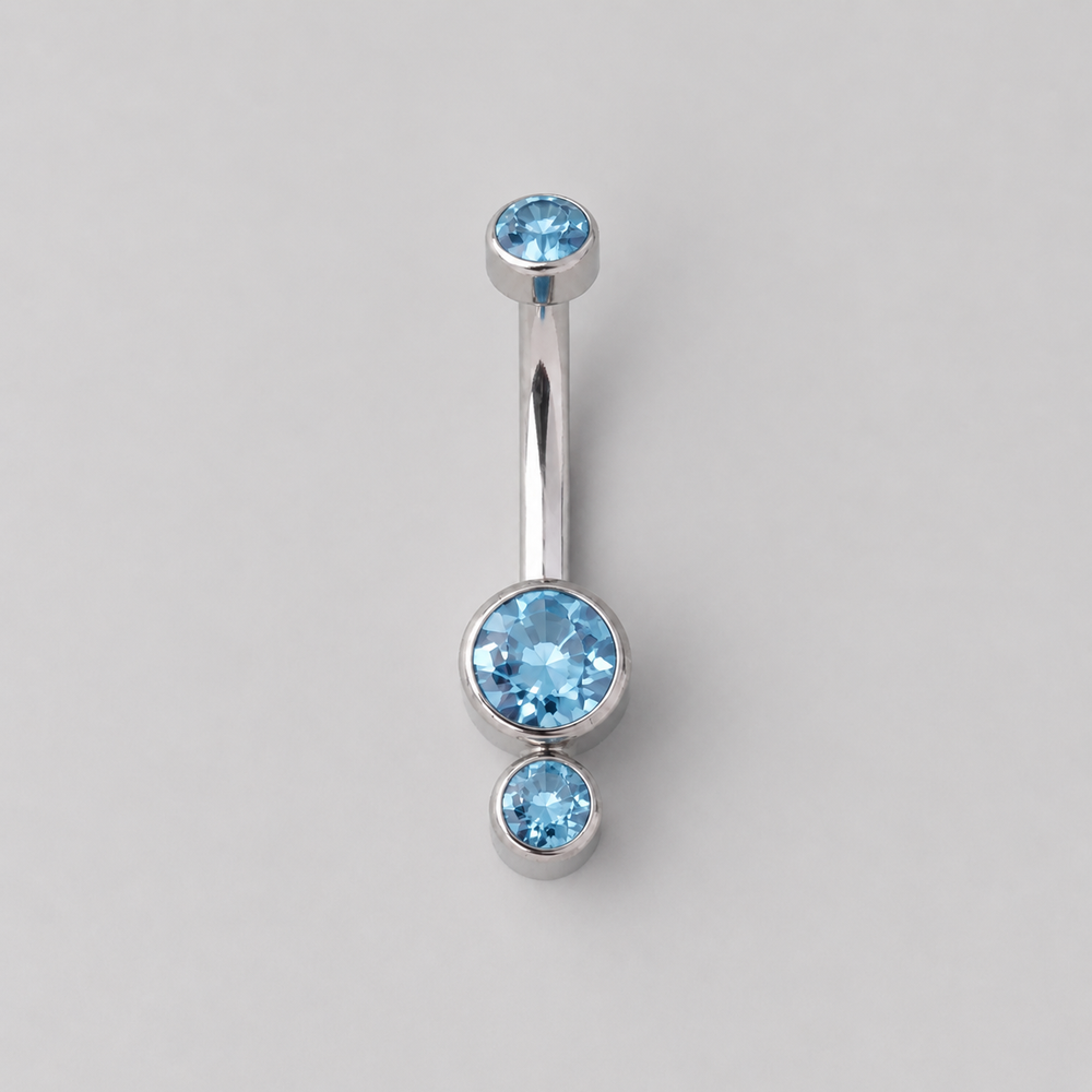 Triple Bezel Set Aqua CZ Crystal Belly Bar in Silver - Titanium