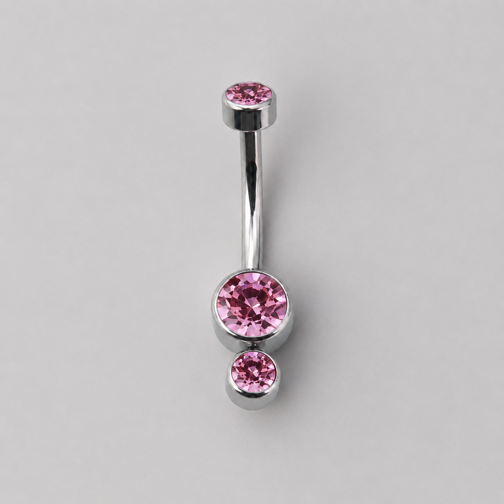 Triple Bezel Set Pink CZ Crystal Belly Bar in Silver - Titanium