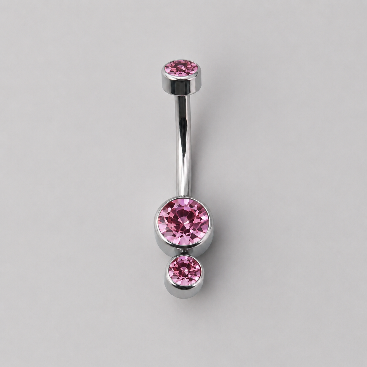 Triple Bezel Set Pink CZ Crystal Belly Bar in Silver - Titanium - Camden Body Jewellery