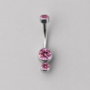 Triple Bezel Set Pink CZ Crystal Belly Bar in Silver - Titanium
