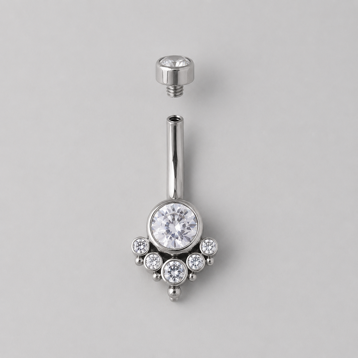 6 CZ with Beaded Balls Clear CZ Silver Belly Bar - Titanium