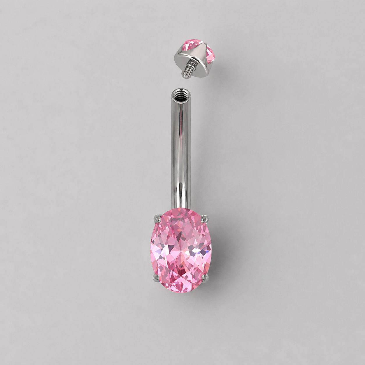 Oval Cut Prong Set Pink CZ Silver Belly Bar - Titanium - Camden Body Jewellery