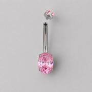 Oval Cut Prong Set Pink CZ Silver Belly Bar - Titanium