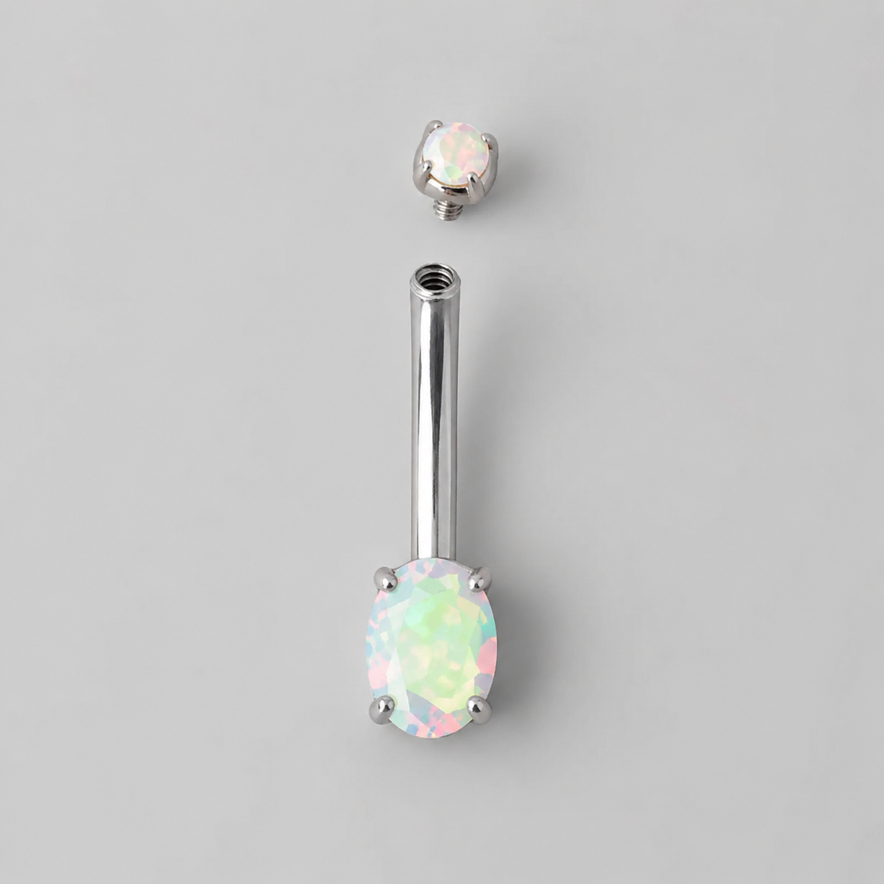 Oval Cut Prong Set AB CZ Silver Belly Bar - Titanium - Camden Body Jewellery
