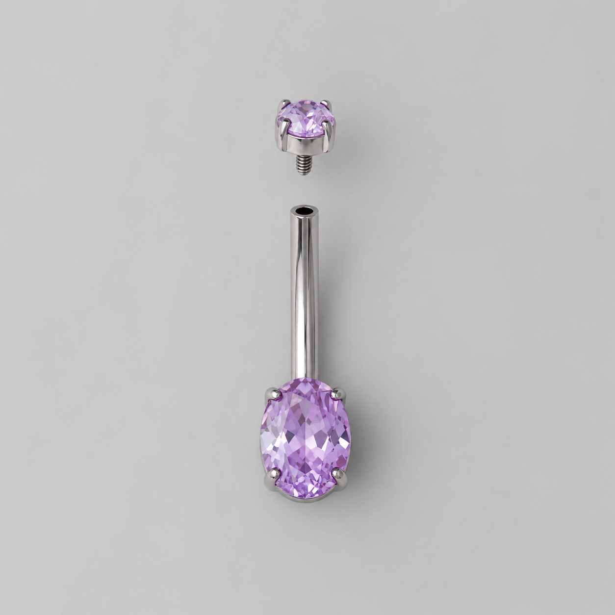 Oval Cut Prong Set Purple CZ Silver Belly Bar - Titanium - Camden Body Jewellery