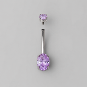 Oval Cut Prong Set Purple CZ Silver Belly Bar - Titanium
