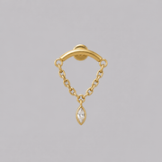 Curved Bar Chain Dangle Oval CZ Labret in Gold - Titanium - Camden Body Jewellery