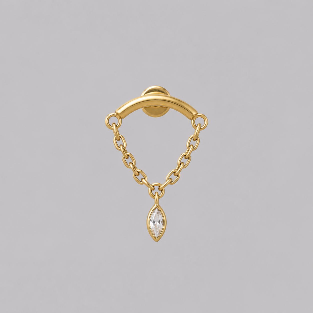 Curved Bar Chain Dangle Oval CZ Labret in Gold - Titanium - Camden Body Jewellery