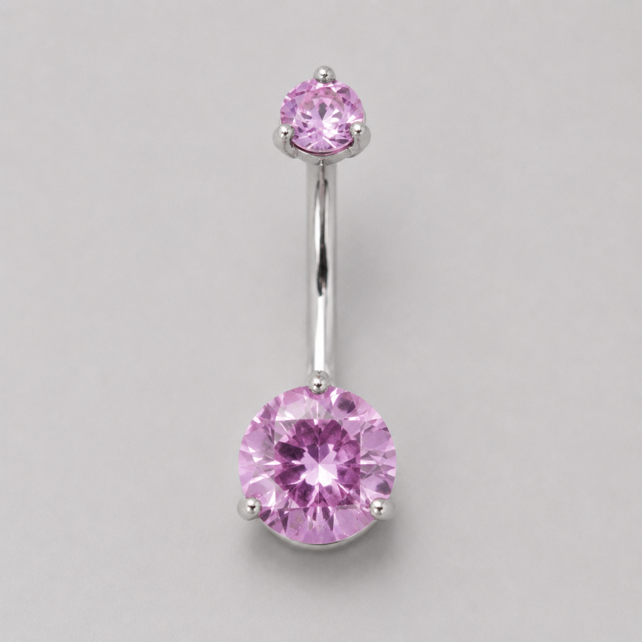 Double Pink CZ Prong Set in Silver Belly Bar - Titanium - Camden Body Jewellery