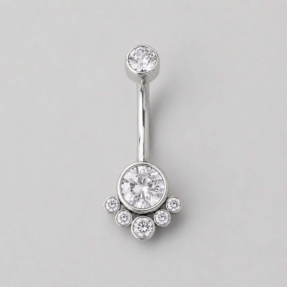 6 Stone Clear CZ Belly Bar in Silver - Titanium