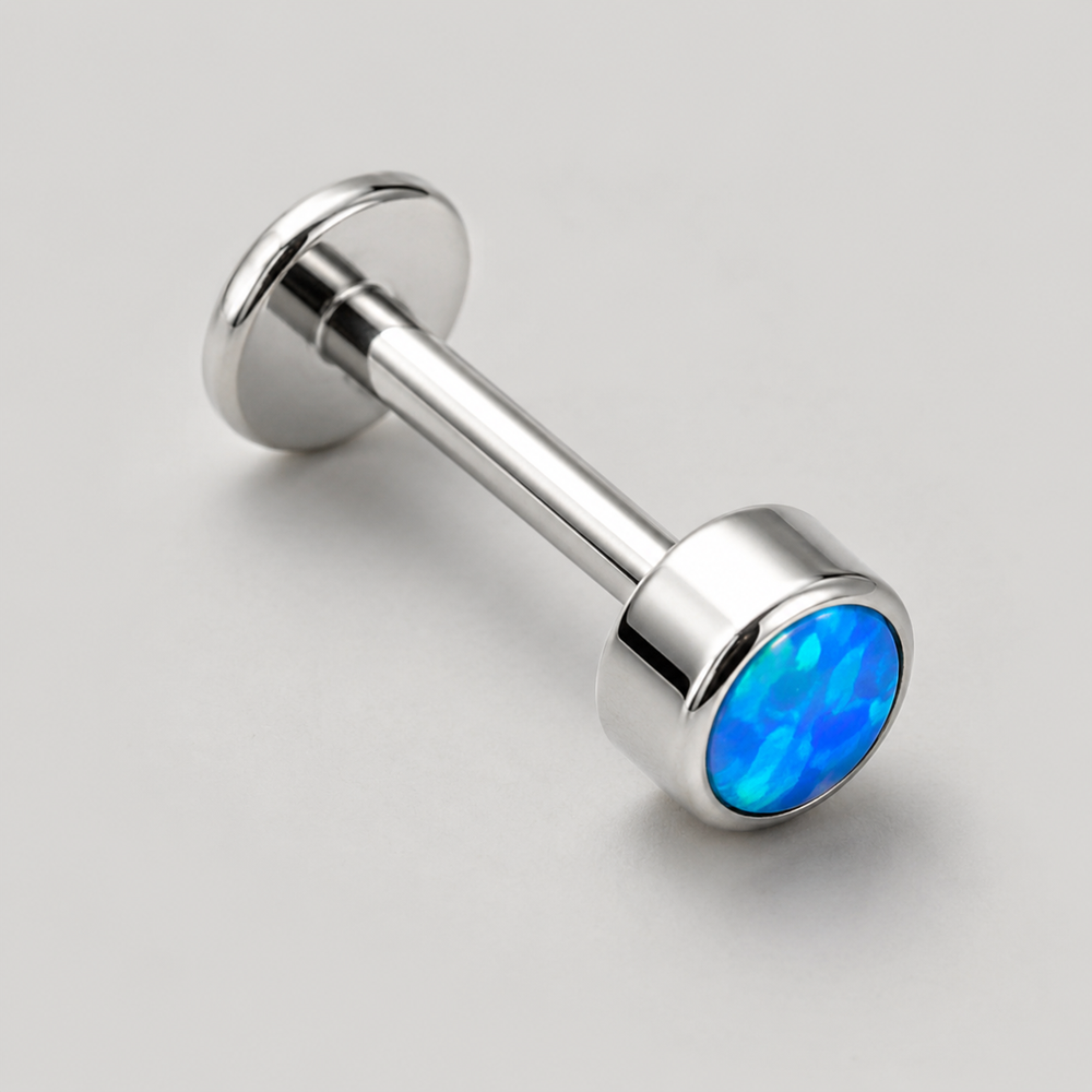 Bezel Set Blue Opal Stone Top Labret in Silver - Titanium