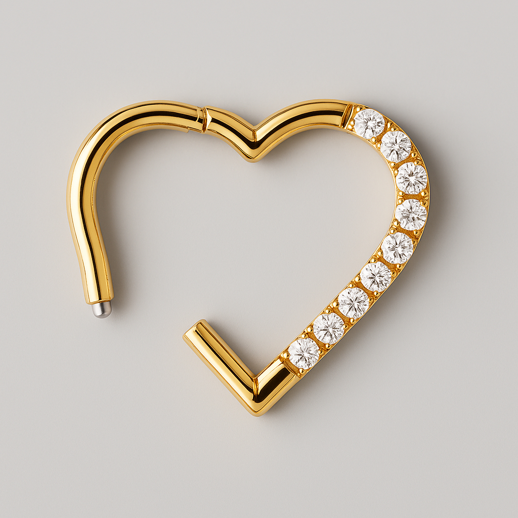 Hinged Segment Ring Heart Shape CZ Pave in Gold - Titanium - Camden Body Jewellery