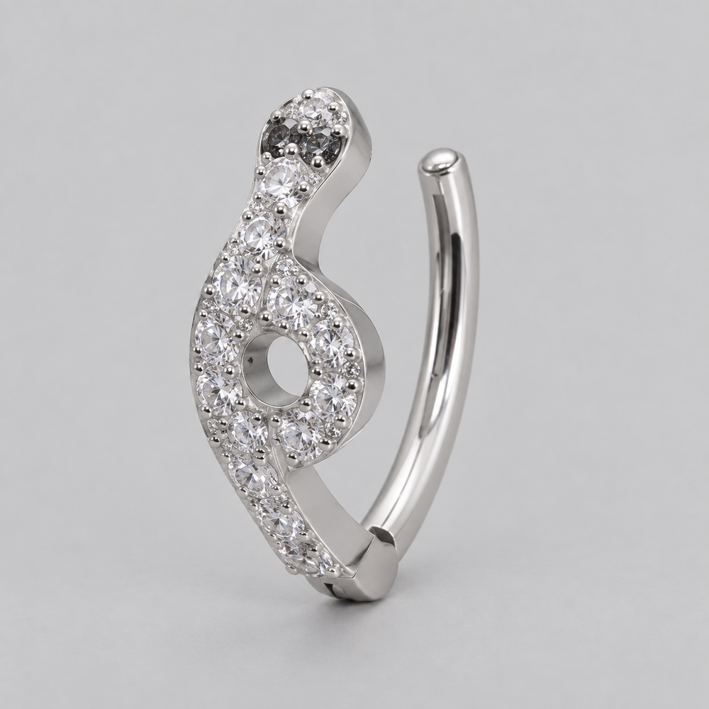Hinged Belly Bar Snake Paved in Silver - Titanium