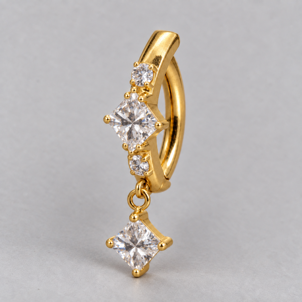 Hinged Belly Bar Square CZ Centre and Dangle in Gold - Titanium - Camden Body Jewellery