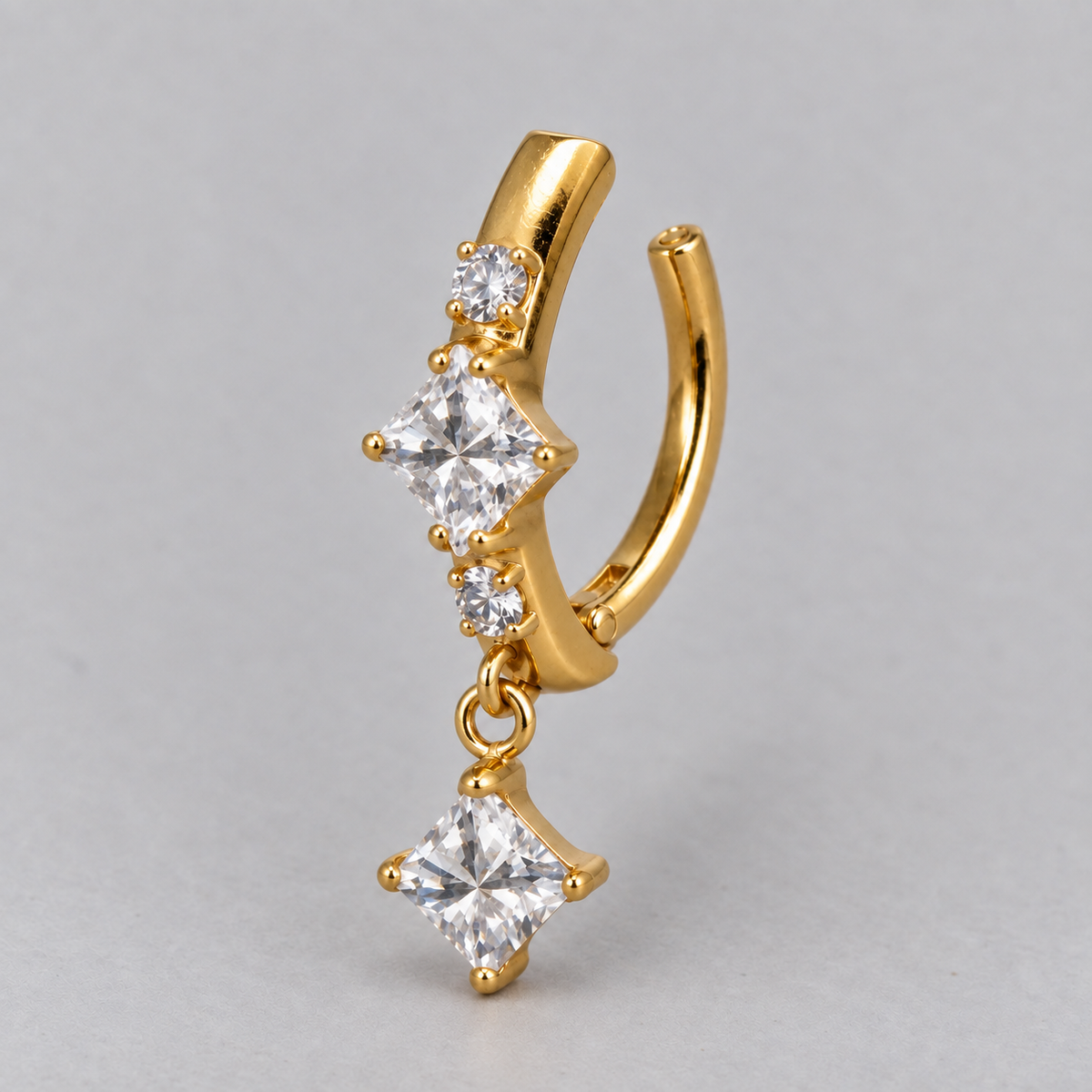Hinged Belly Bar Square CZ Centre and Dangle in Gold - Titanium - Camden Body Jewellery