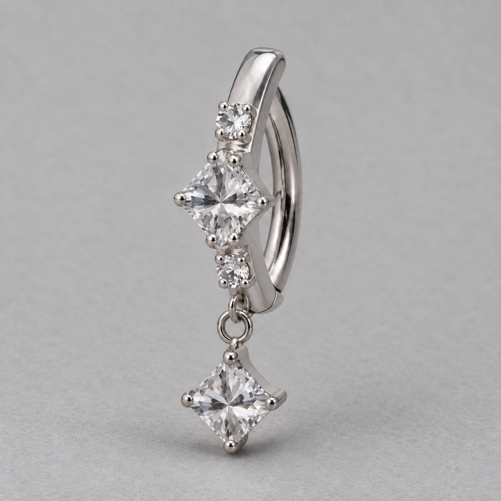 Hinged Belly Bar Square CZ Centre and Dangle in Silver - Titanium