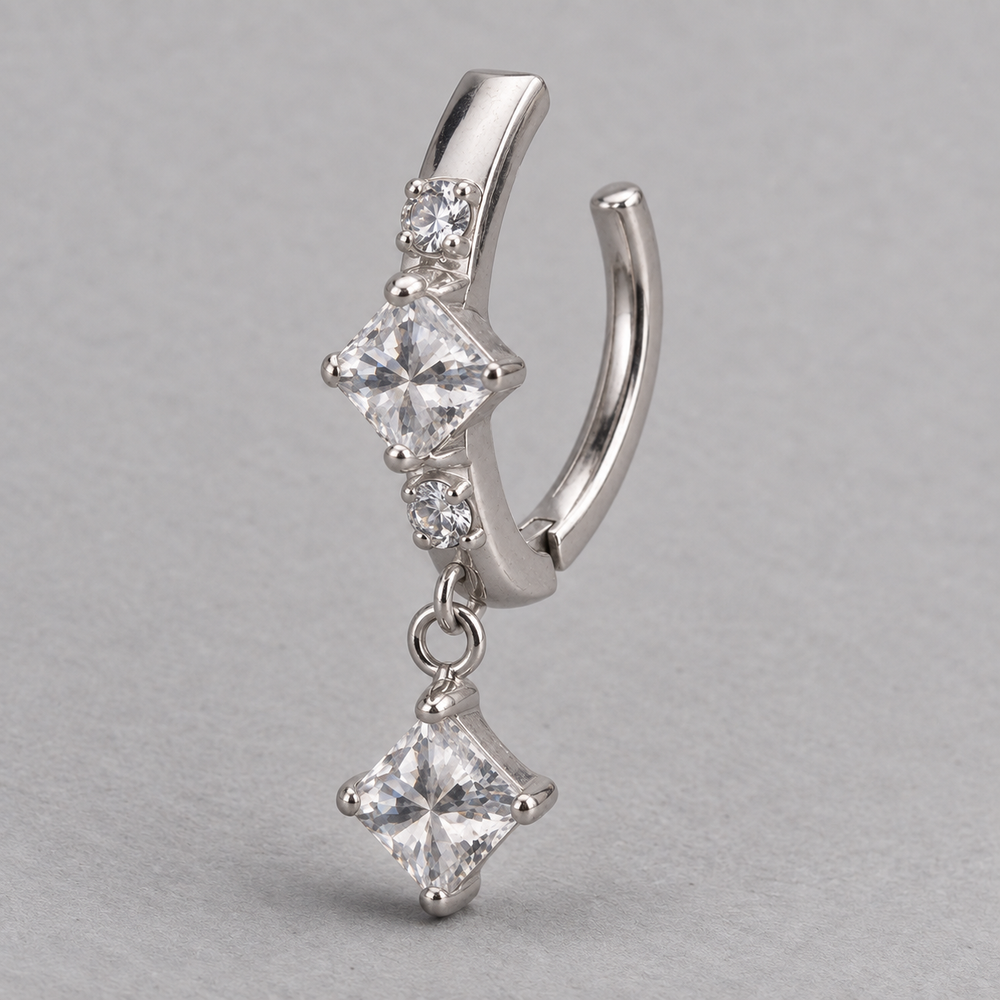 Hinged Belly Bar Square CZ Centre and Dangle in Silver - Titanium