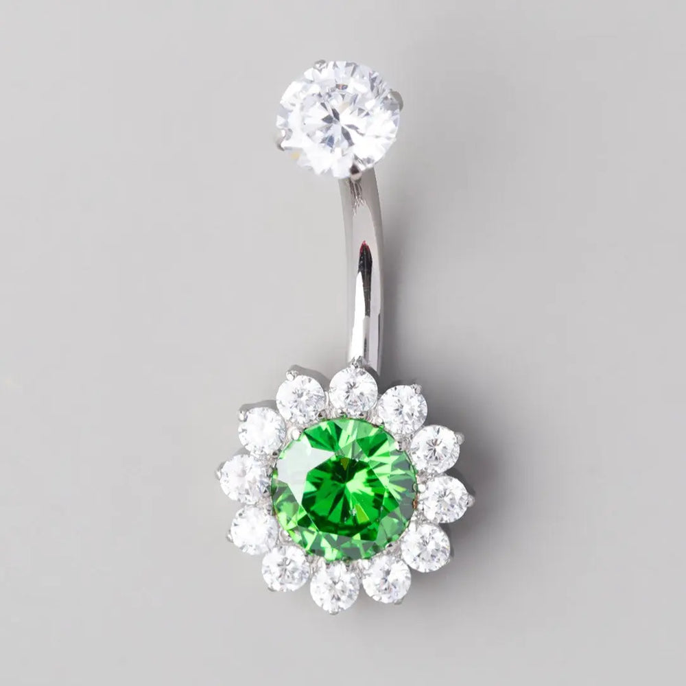 Flower Belly Bar with Green CZ Top - Titanium