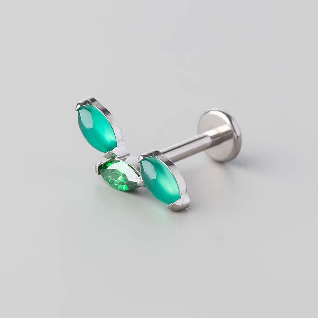 Triple Marquise Wide Labret in Green Onyx + Green - Titanium - Camden Body Jewellery