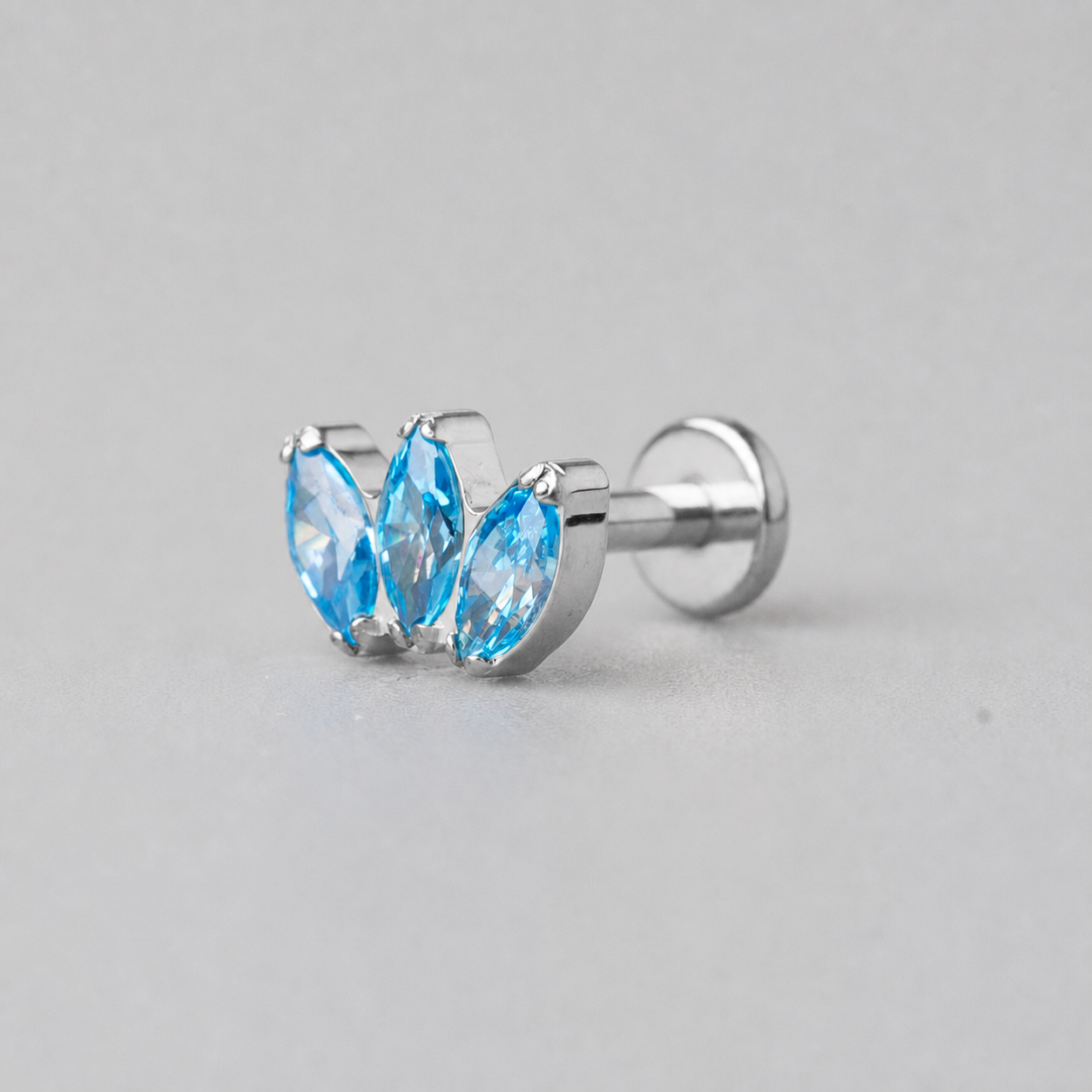 Triple Marquise Aqua CZ Labret in Silver - Titanium