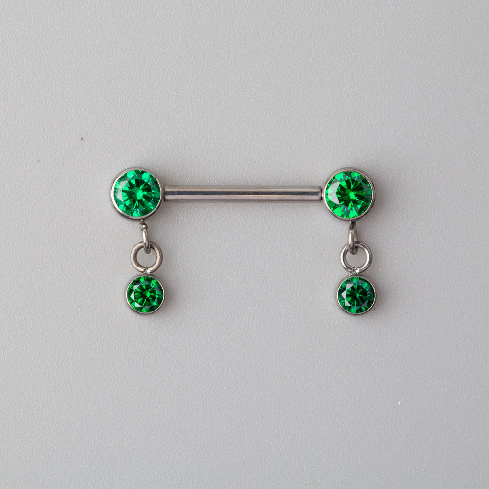 Dangle CZ Nipple Barbell in Green - Titanium