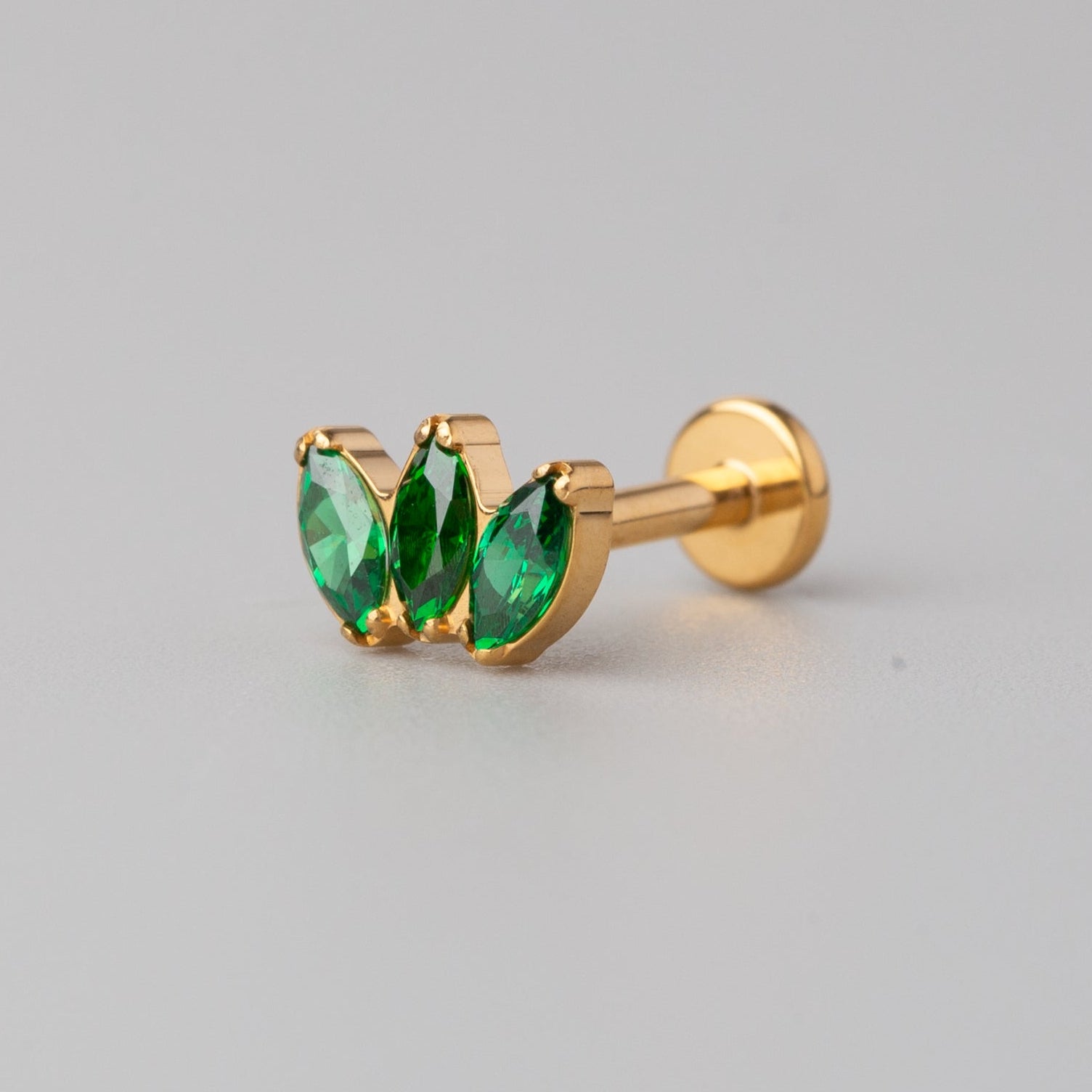 Triple Marquise Emerald Green Threadless Labret in Gold - Titanium - Camden Body Jewellery