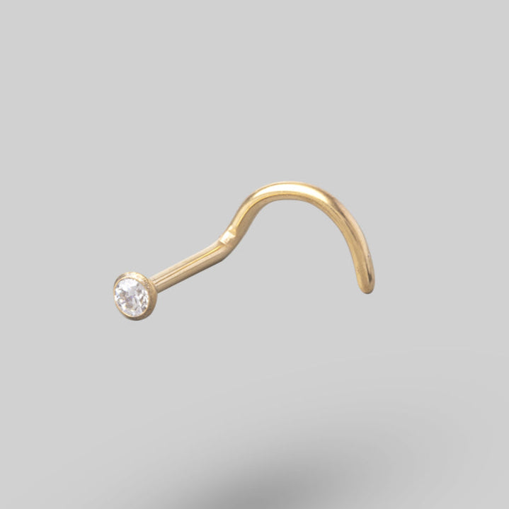 Screw Shape Nose Stud with Clear Gem in Gold - Titanium
