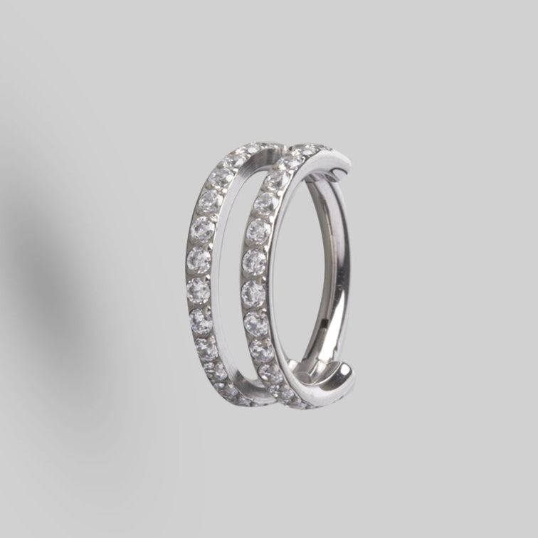 Hinged Segment Ring 2 Rows Double CZ Marquise Stone Centre in Silver - Titanium - Camden Body Jewellery