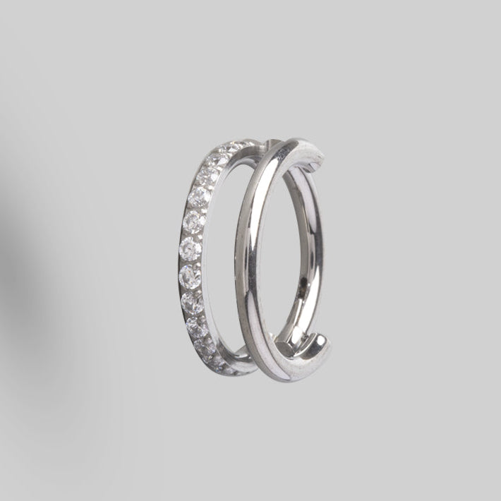 Hinged Segment Ring 2 Rows Single CZ Marquise Stone Centre in Silver - Titanium - Camden Body Jewellery