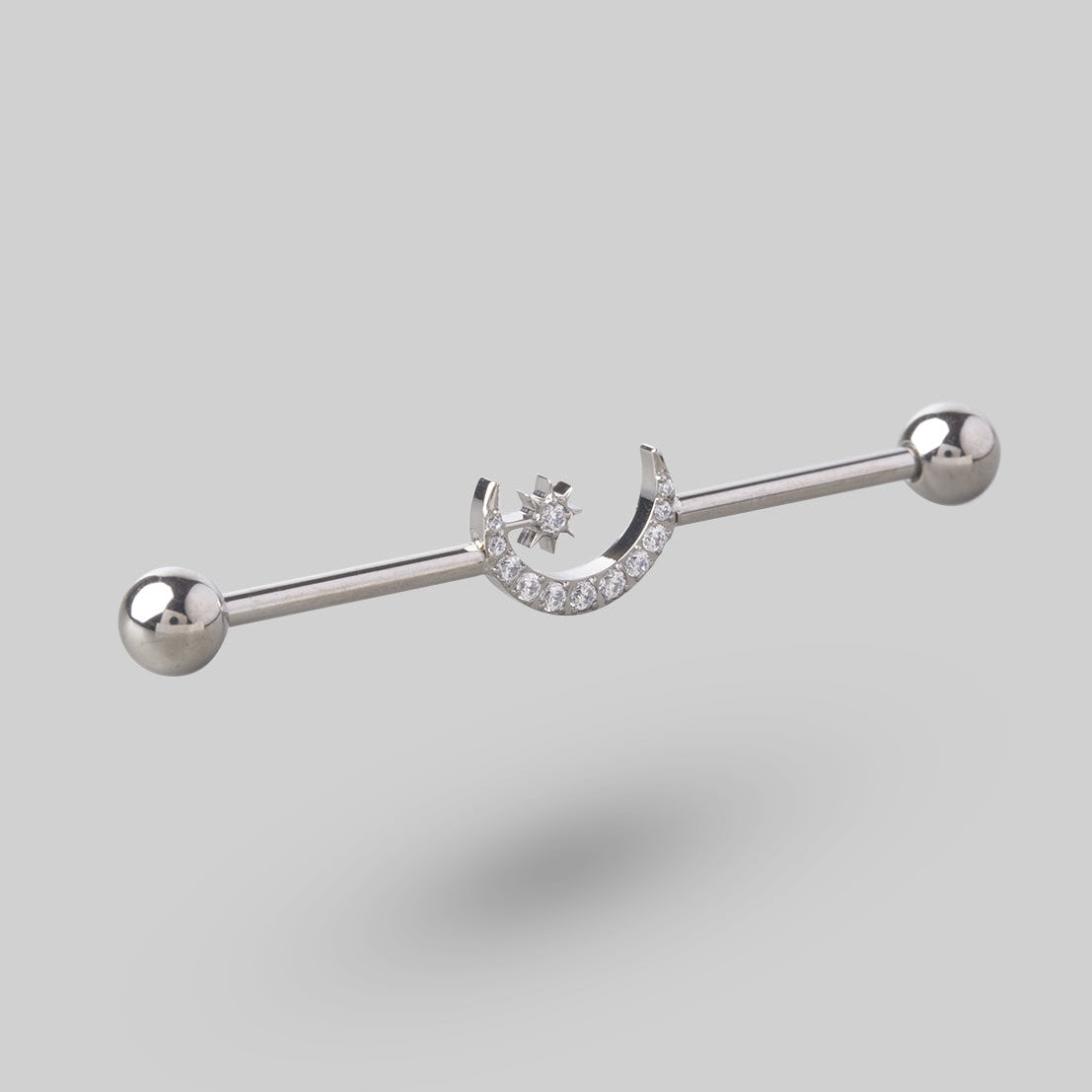 Crescent Paved CZ Industrial Bar in Silver - Camden Body Jewellery