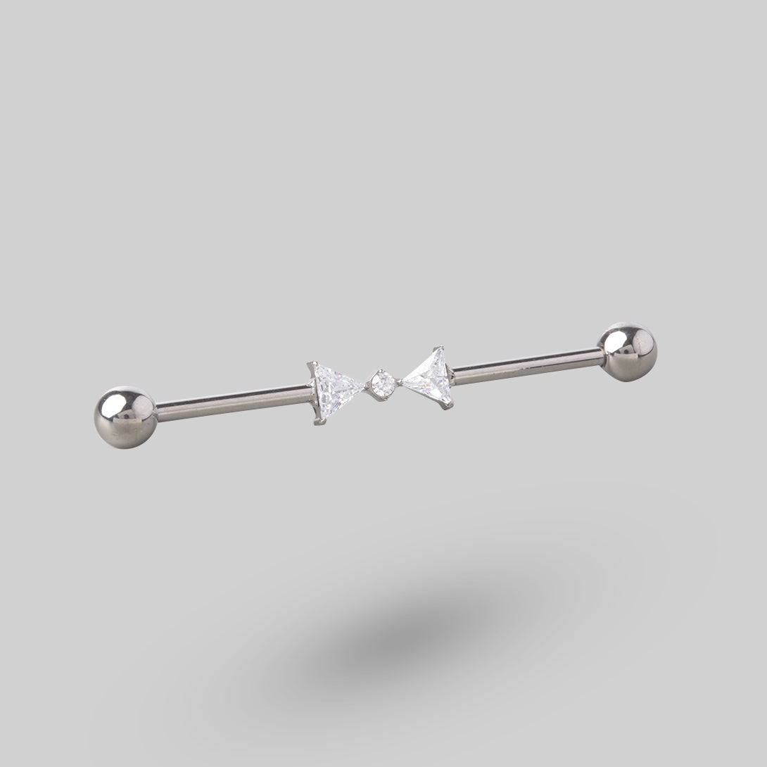 Double Triangle CZ with CZ Centre Industrial Bar in Silver - Camden Body Jewellery