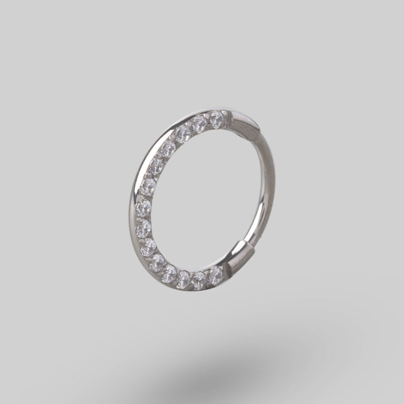 Clicker Pin Segment Ring Front Face Clear CZ in Silver - Titanium