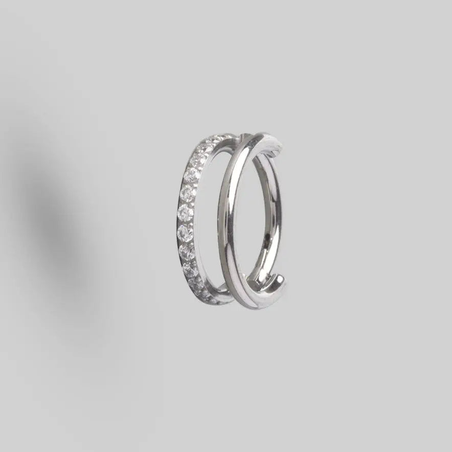 Hinged Segment Ring 2 Rows Single CZ Marquise Stone Centre in Silver - Titanium - Camden Body Jewellery